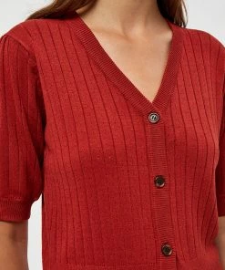 Desires Geisha Rib Holepattern Cardigan - Burnt Red