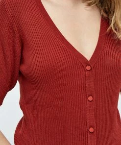 Desires New In Geisha Rib Short Sleeve Cardigan - Burnt Red