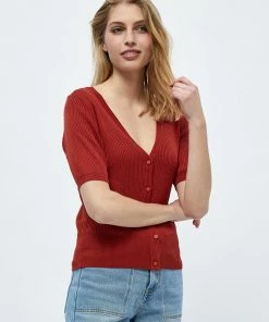 Desires New In Geisha Rib Short Sleeve Cardigan - Burnt Red