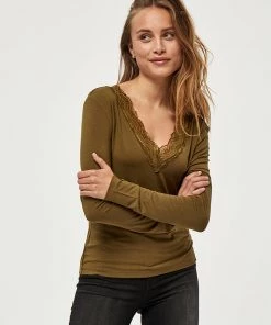 Desires Blouses & Shirts Giselle V-neck Lace Tee - MILITARY OLIVE